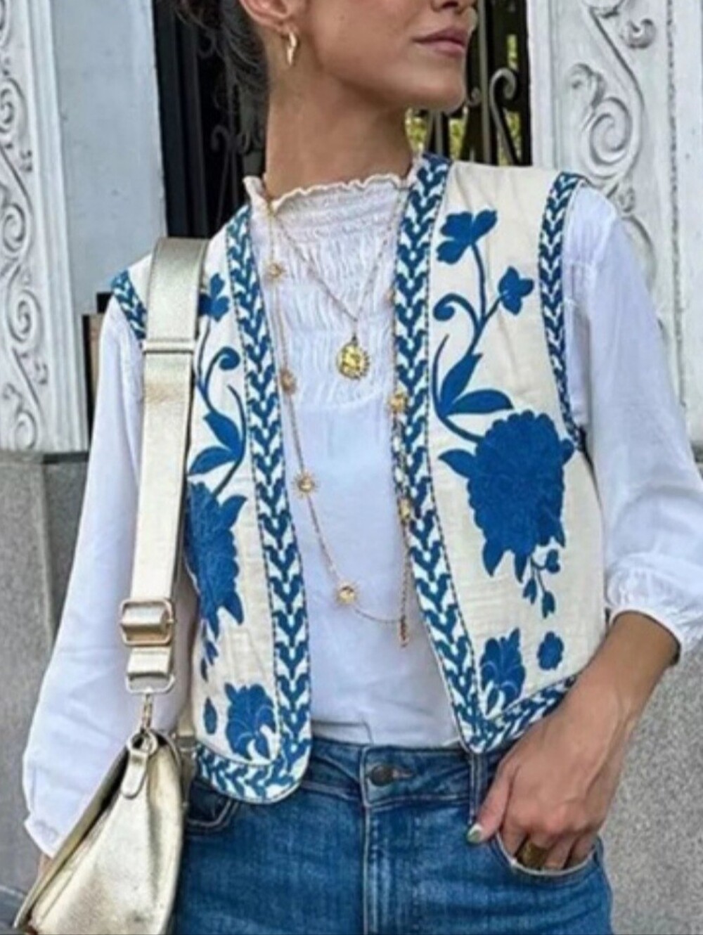 Zara Boho Blue Floral Embroidered  Crop‎ Vest Ecru Cowgirl Boho Coastal Western